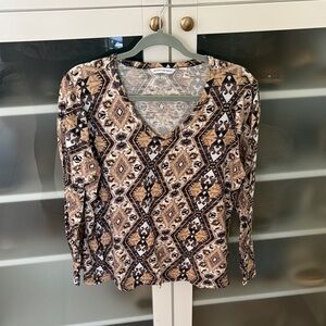 Canyon Retreat Printed Slub V-Neck Long Sleeve Top - L